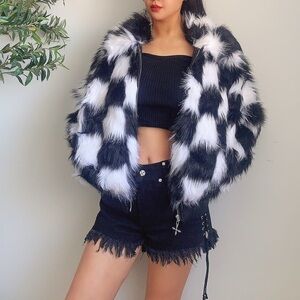SMFK Faux Fur Jacket Black White Checkerboard | Oversized M–L